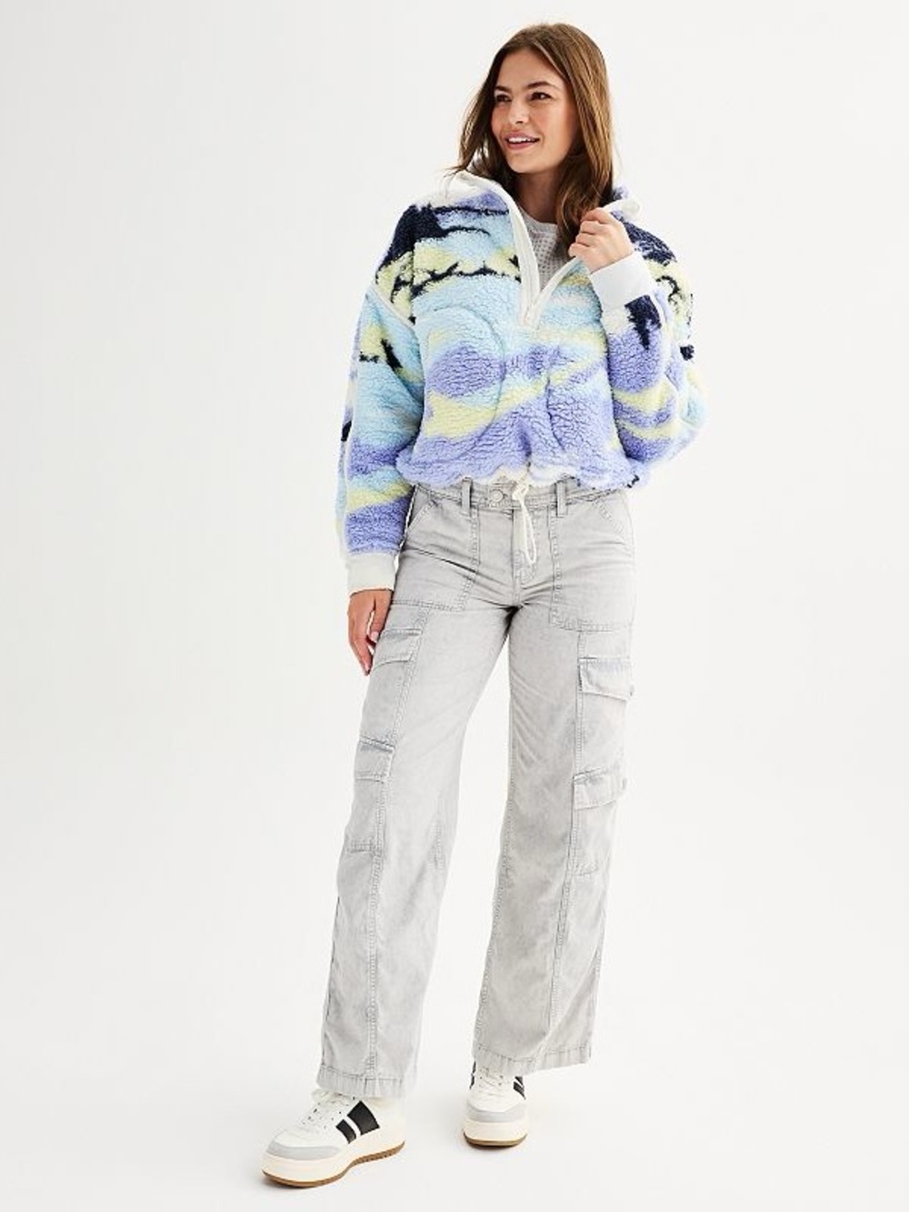 Low-Rise Wide Leg Cargo Pants Cotton Small Light Grey